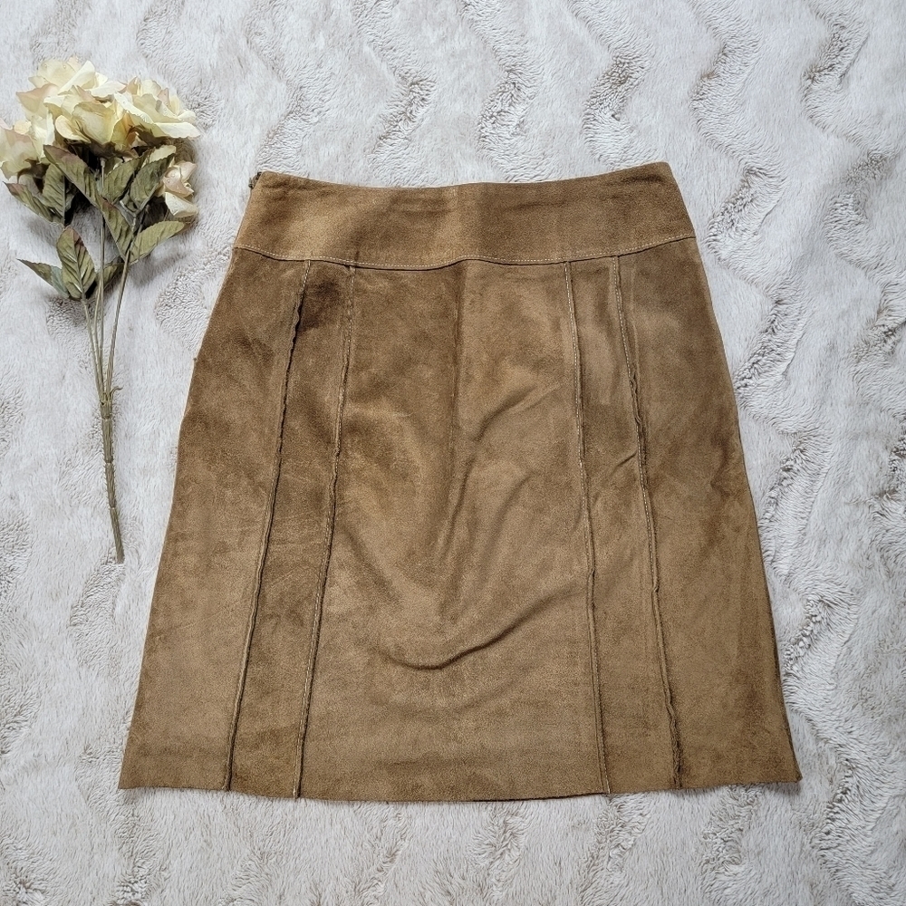 Vtg Ann‎ Taylor Petites 100% Leather Shell Tan A Line Skirt Size 2P - Picture 8 of 11